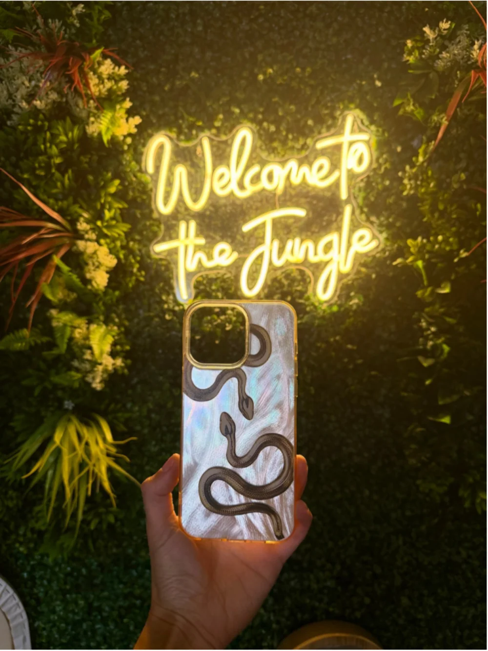 iPhone 15 Pro Max Case Iridescent Pearly White & Gold Snake Patterned